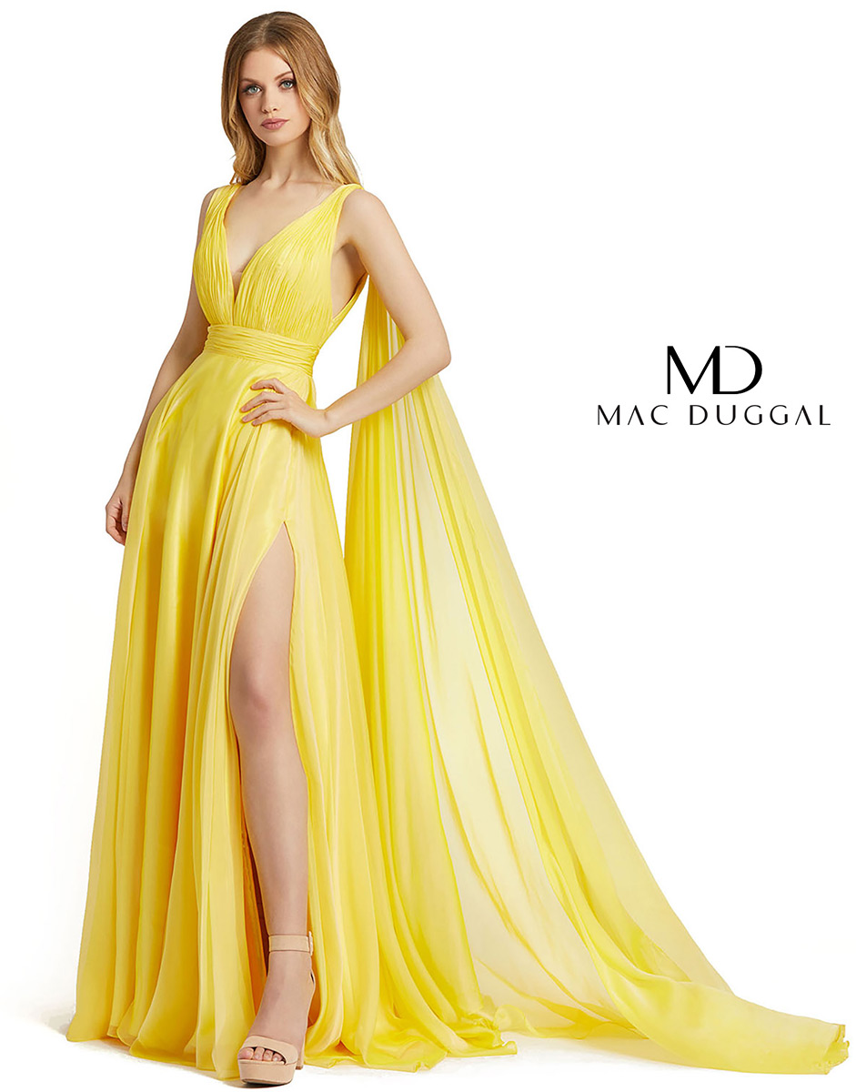 mac duggal yellow prom dress Mac Duggal Floral Print High Neck Cape Sleeve A-Line Gown, Size 20, Yellow Multi