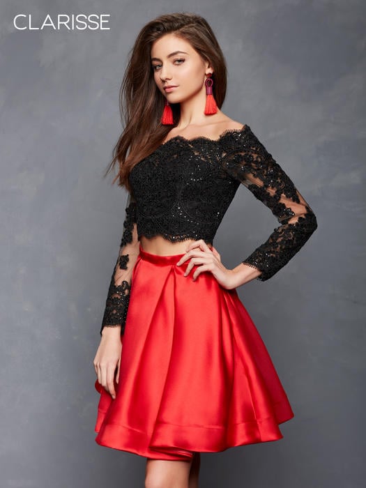 Clarisse - Two Piece Satin Lace Skirt Beaded Long Sleeve S3581
