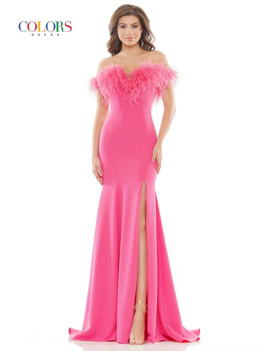 Colors Dress - Sequin Gown Feather Off The Shoulder Trim 2663