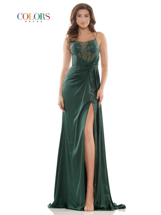 Colors Dress - Sequin Mesh Satin Gown with High Slit