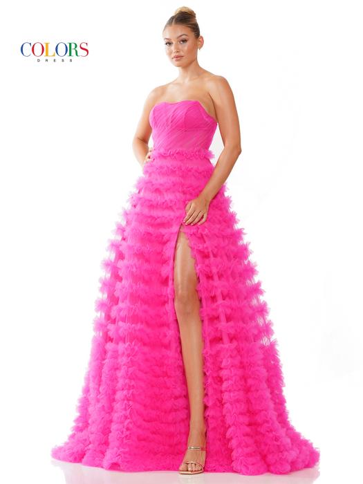 Colors Dress - Strapless Tiered Ruffle High Slit Gown 3184