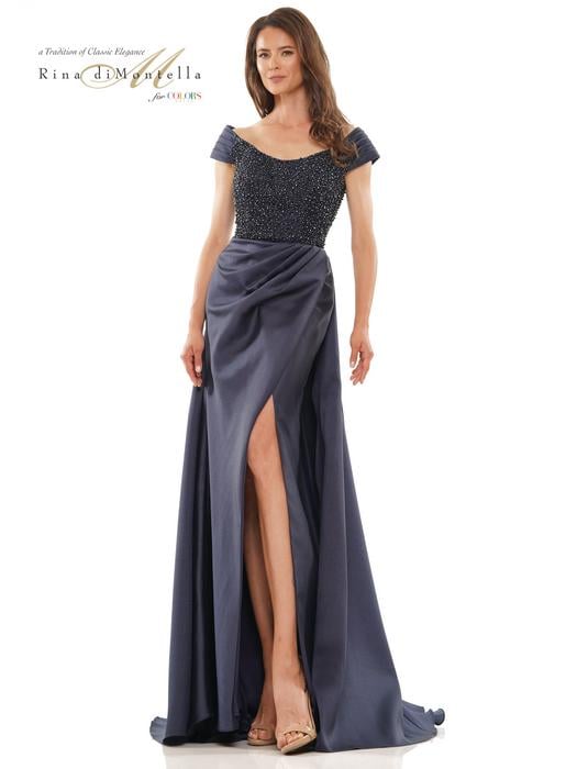 Colors Dress - Off the Shoulder Beaded Bodice Ruched Waist Gown RD2815