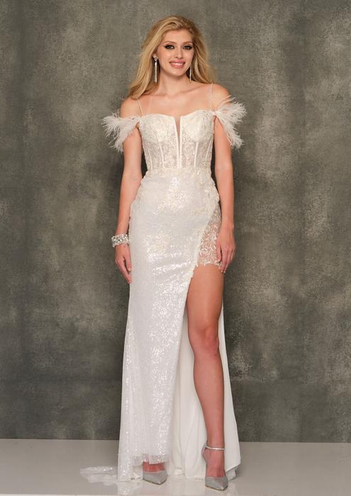 Dave and Johnny - Sequin Feathered Off the Shoulder Lace Slit Gown 11007