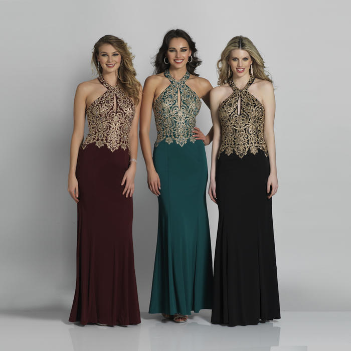 Dave and Johnny - Jersey Embroidered Gown with Halter Neck
