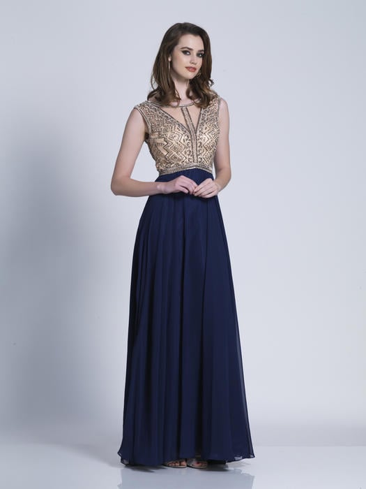 Dave and Johnny - Beaded Chiffon V-Back Illusion Gown A6429