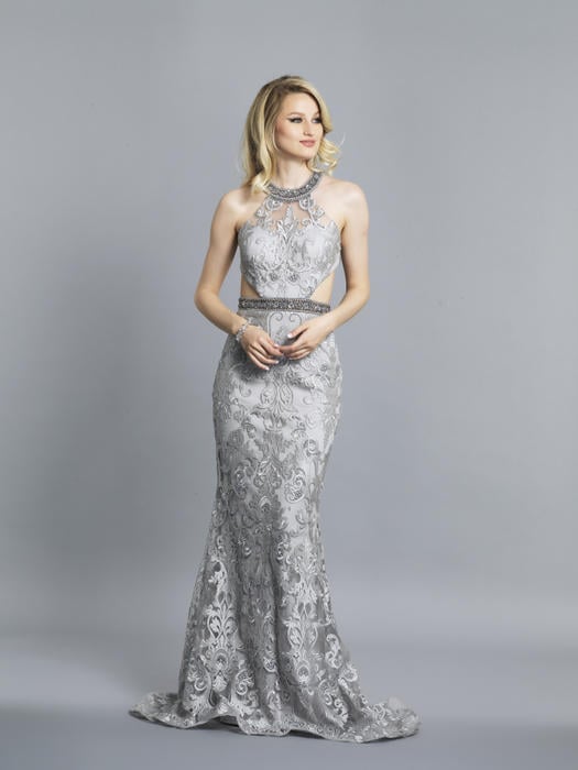 Dave and Johnny - Embroidered Gown with Beaded Halter A6444