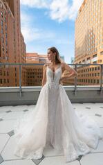 LE1125 Ivory Lace And Tulle Over Mocha Gown With Porcelai front