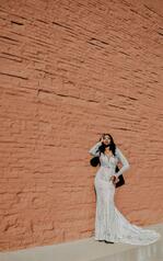LE1113 Ivory Lace Over Mocha Gown With Porcelain Tulle Pl front