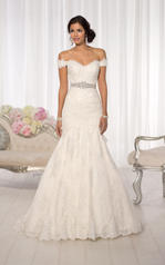 D1617 White Lace over White Dolce Satin with Bisque Sash front