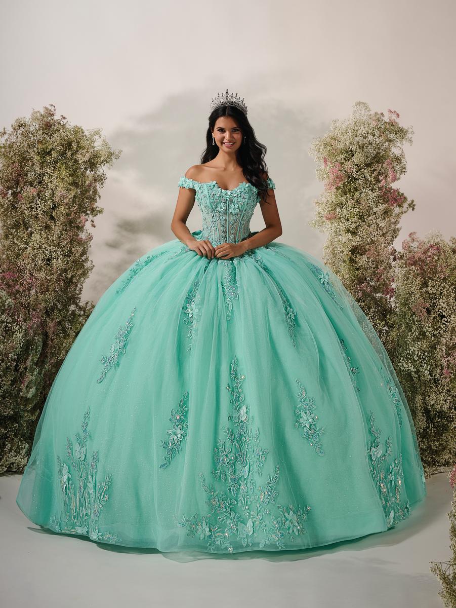 aqua green 15 dresses Off-Shoulder 3D Butterfly Applique Quinceanera Ball Butterfly prom dress in Light Green with Beading and Tull Corset
