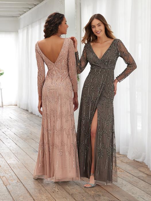 House of Wu - Long Sleeve Beaded Gown with Slit