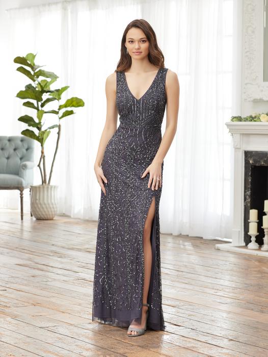 House of Wu - Beaded V-Neck Gown with Slit