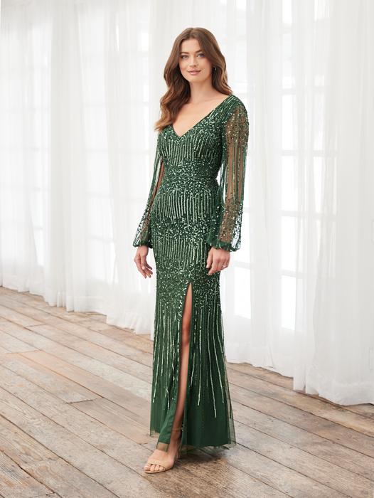 House of Wu - Long Bell Sleeve Beaded Gown Side Slit 40400