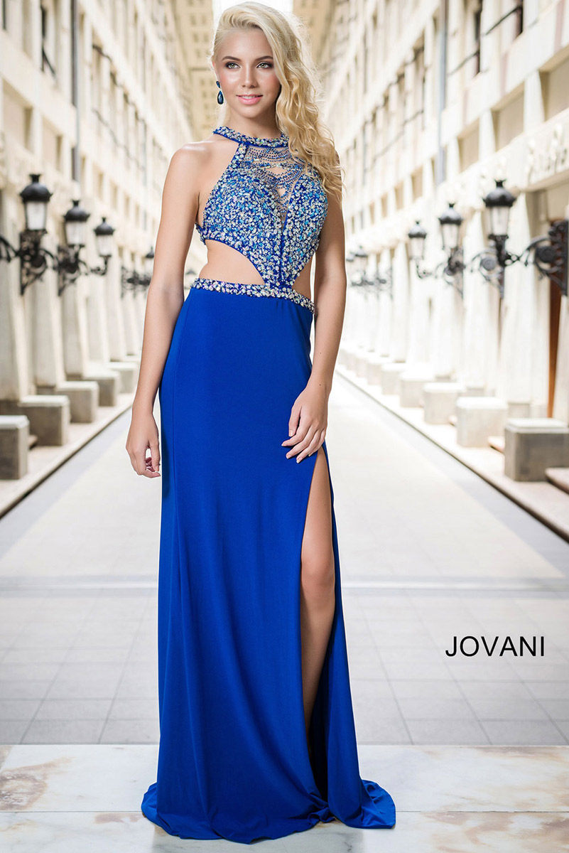The Jovani 32596 Royal Blue One Shoulder Feather Embellished Gown – Cason  Couture