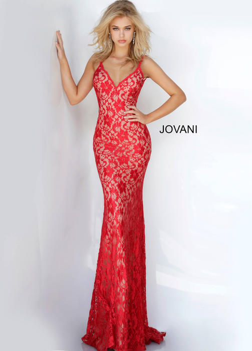 Jovani - Lace Beaded Open Back Gown
