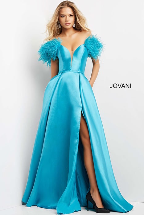 Jovani - Satin V Neck off the Shoulder Gown