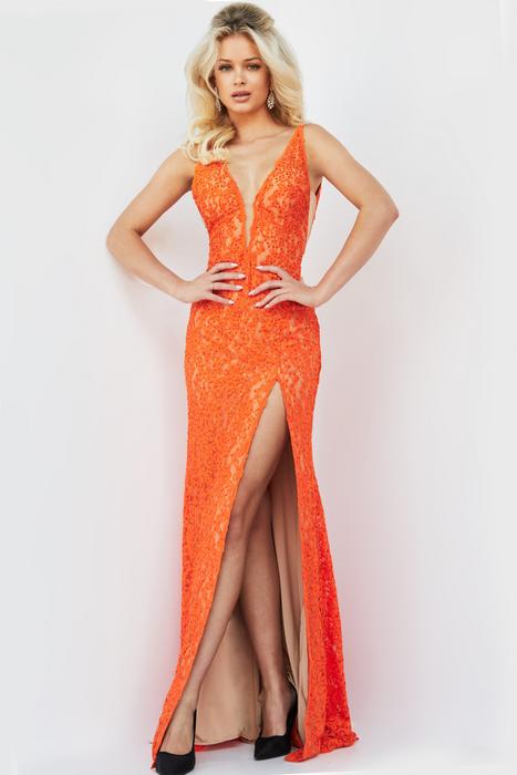 Jovani - Lace Beaded High Slit Gown