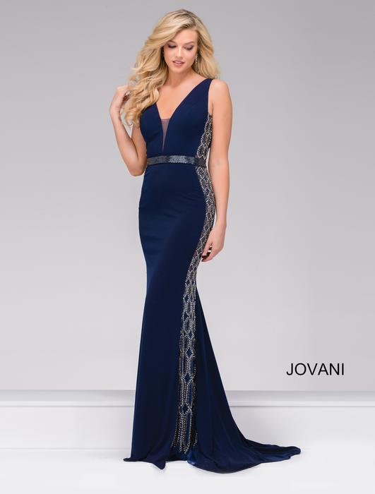 Jovani - Beaded V-Neck Jersey Gown