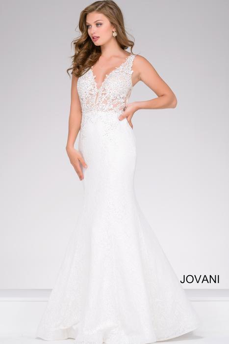Jovani - Lace V-Neck Fit & Flare Illusion Gown