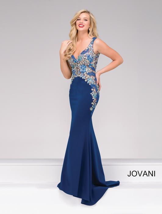 Jovani - Floral V-Neck Jersey Gown