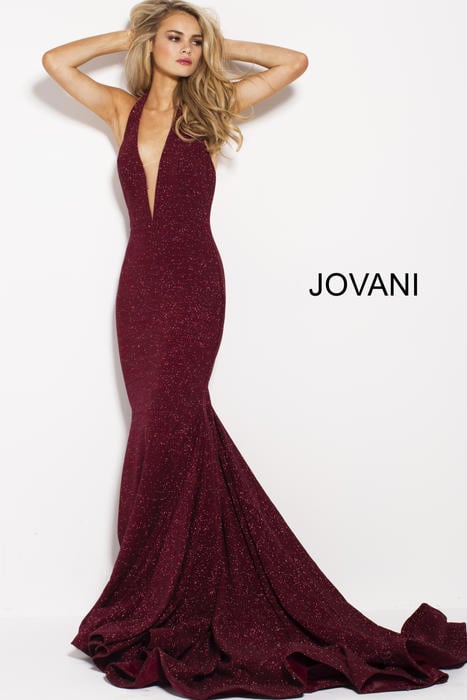 Jovani - Jersey Metallic Gown Halter Neck