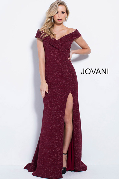 Jovani - Jersey Mettalic Gown Off Shoulder