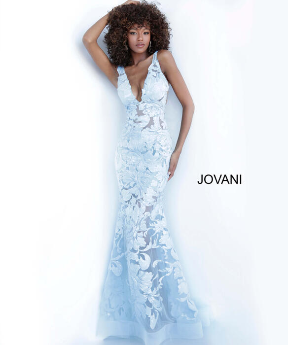 Jovani - V-Neck Spaghetti Strap Embroidered Gown 60283