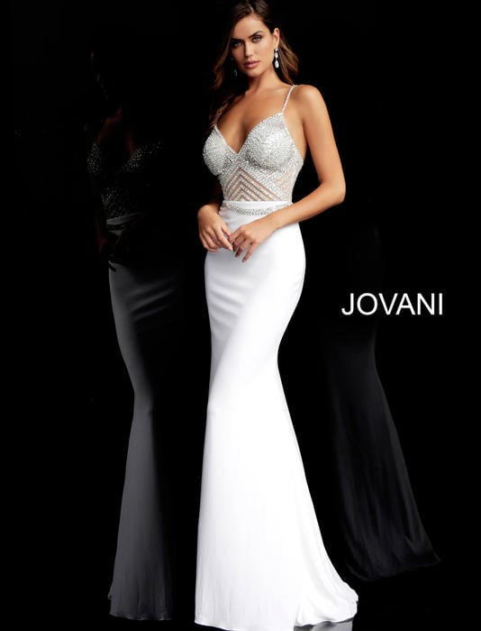 Jovani - Jersey Gown Beaded Bodice Spaghetti Strap 63147