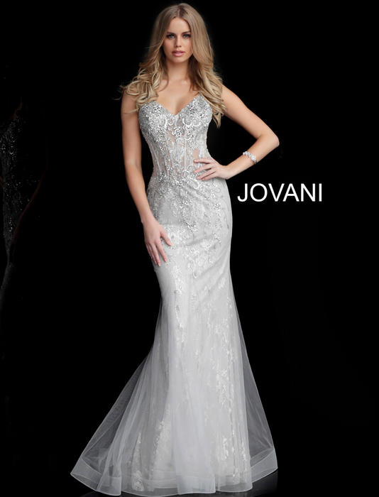 Jovani - Lace Beaded Gown Spaghetti Strap