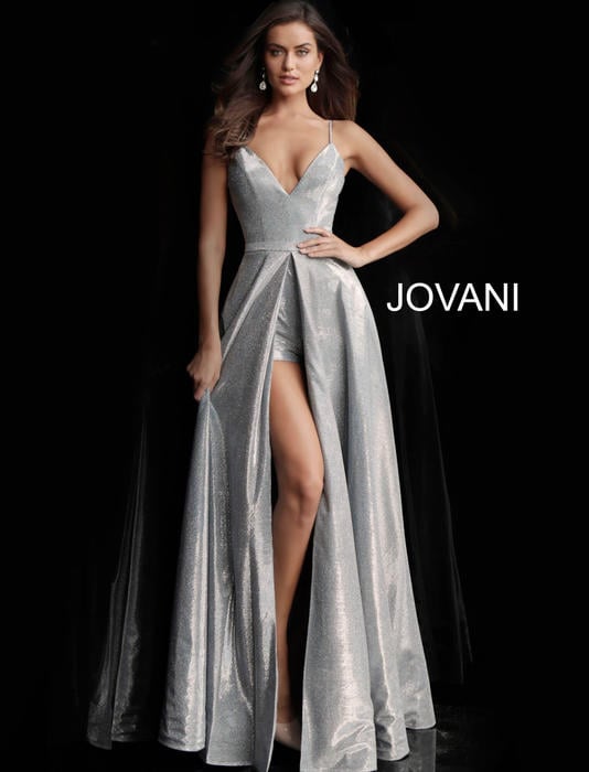 Jovani - Satin Metallic Spaghetti Strap Gown