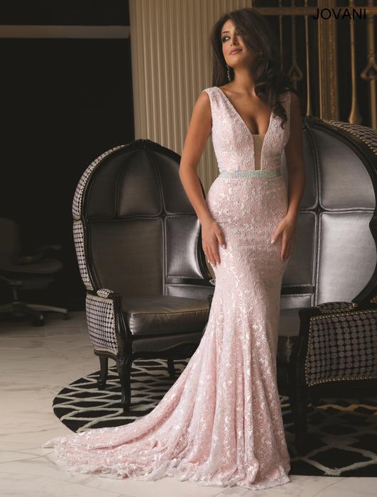 Jovani - Plunging V Lace Swept Train Gown