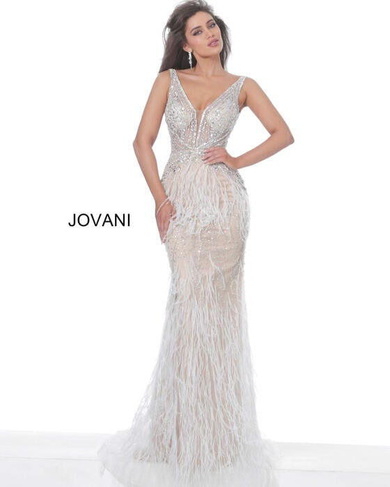 Jovani - All Over Beaded Feathered Gown 03023