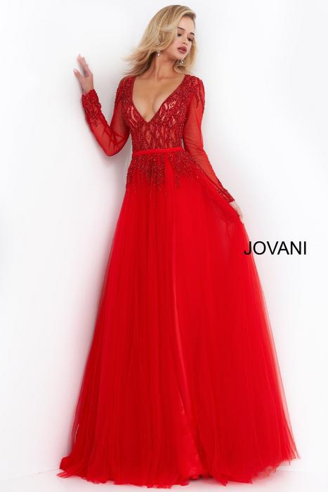 Jovani - Sheer Long Sleeve Beaded Gown