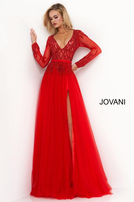 Jovani - Sheer Long Sleeve Beaded Gown