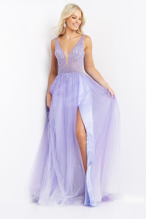 Jovani - Tulle Beaded Gown with Slit