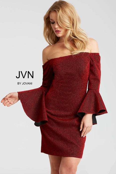 Jovani - Metallic Off-the-Shoulder Bell Sleeve Dress