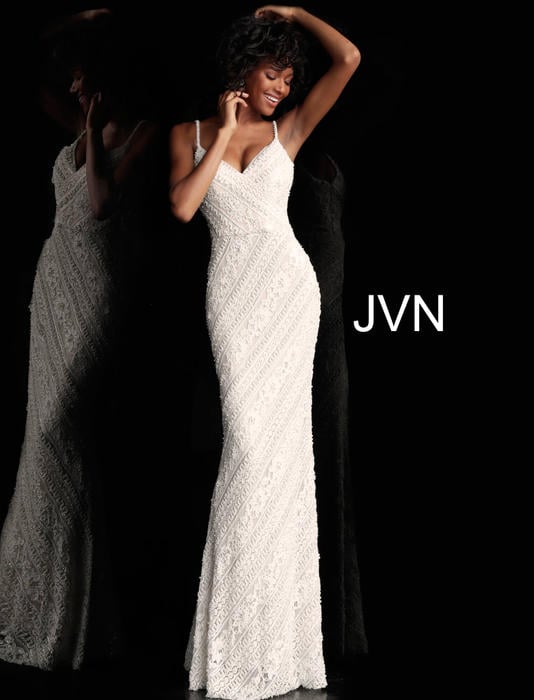 Jovani - Lace Pearl Gown Spaghetti Strap