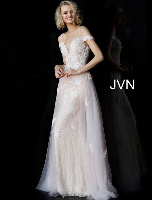 Jovani - Tulle Lace Spaghetti Strap Beaded Gown