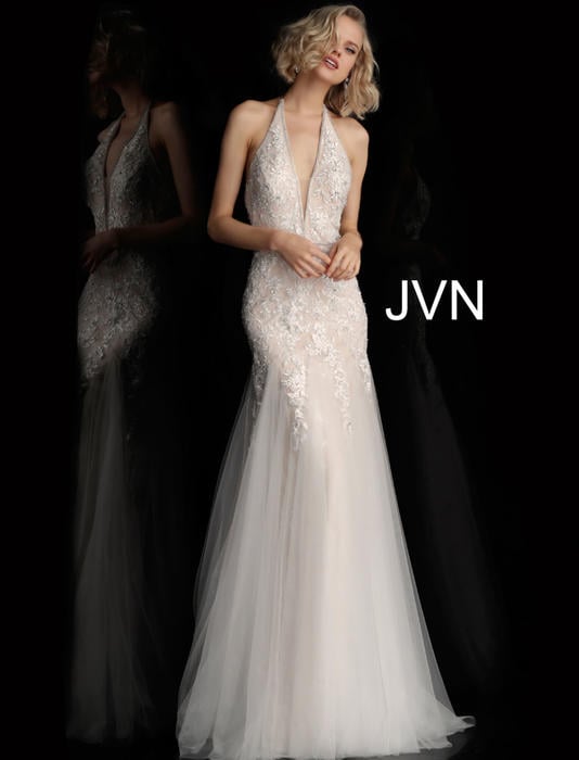 Jovani - Lace Metallic Beaded Gown Halter Neck JVN62690