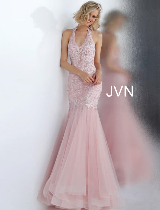 Jovani - Lace Beaded Gown Halter Neckline JVN64106