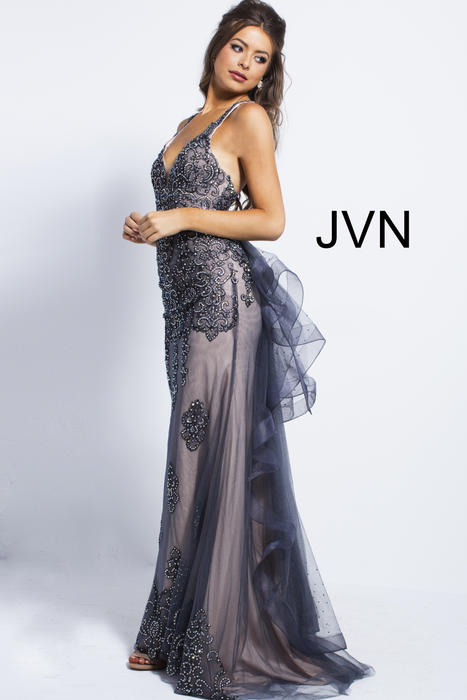 Jovani - Beaded Tulle Ruffle Back Gown