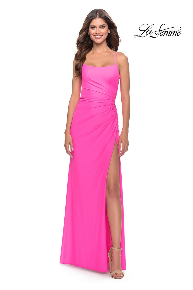 la femme hot pink dress La Femme Neon Pink Long Open-Back Prom Dress -PromGirl Neon Pink / 4