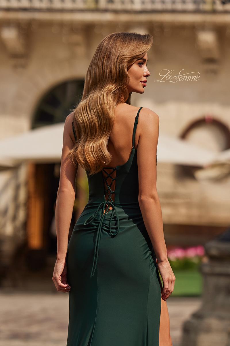 la femme emerald green dress V-Back Long Formal Dress with Short Cap Sleeves Black / 14