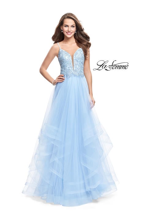La Femme - Mesh Flair Gown Lace and Bead Bodice