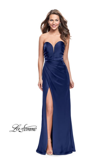 La Femme - Satin Gown Pleated Bodice Strapless