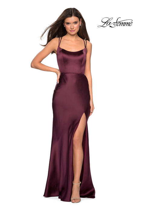 La Femme - Satin Fitted Gown Side Slit C/O