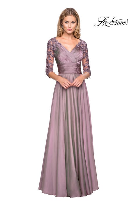 La Femme - V-Neck Embroidered Sheer Sleeve Gown