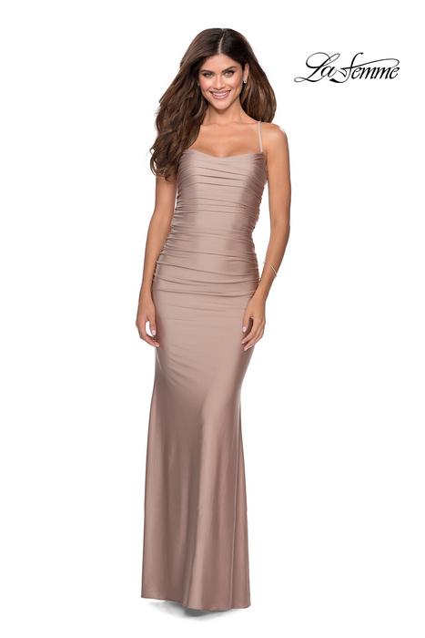 La Femme - Jersey Ruched Gown with Strappy Criss Cross Back 28398