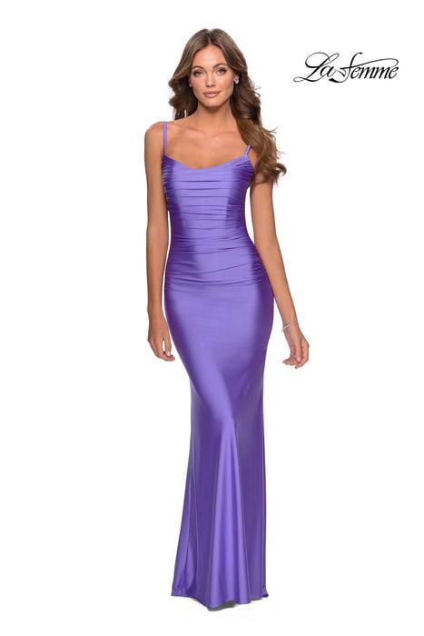 La Femme - Jersey Ruched Gown with Strappy Criss Cross Back 28398