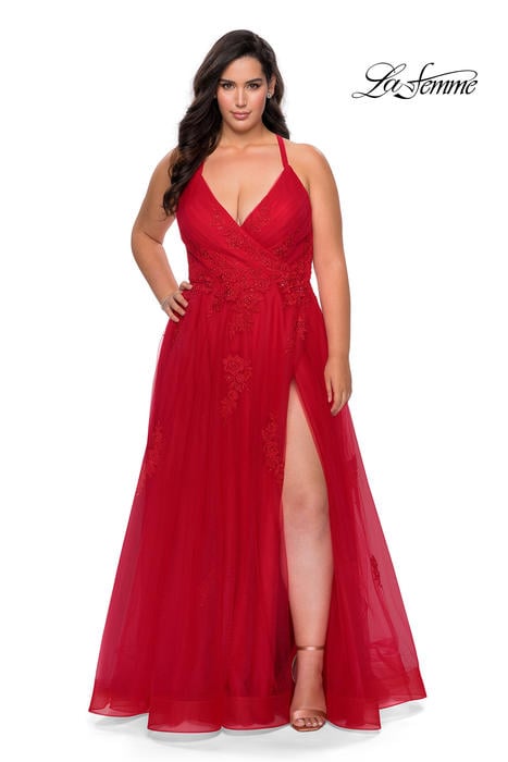 La Femme - Mesh Gown Embroidered Beaded Waist